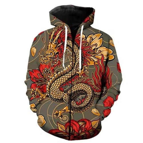 kewing Herrenmode Kapuzenpullover mit Reißverschluss 3D Retro Karpfen Druck Zipper Jacken Geisterkrieger Samurai Drache Muster Langarm Strickjacke Hoodie mit Kordelzug von kewing