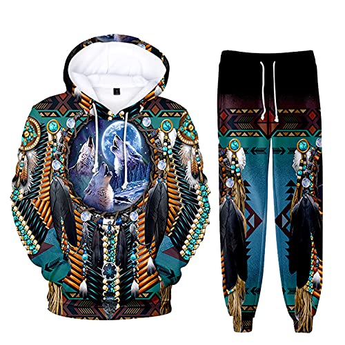 kewing Native Indian Hoodie Unisex Trainingsanzug 2-teiliges Set Langarm Frauen Männer Hoodie + Jogginghose 3D Gedruckt Sportbekleidung von kewing