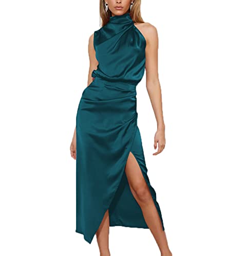 Plain Satin Drapiertes Kleid Für Frauen Ärmelloser Schlitzrock Party Eleganz Kleid Club Cocktailkleider Abendkleider von kewing