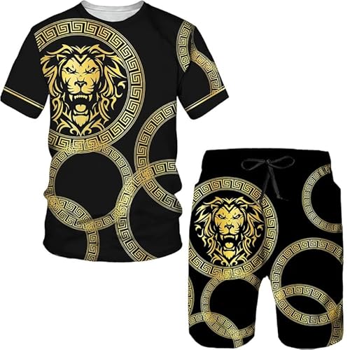 kewing Sommer 3D Goldene Kette gedruckt Barock T-Shirt + Strand Shorts Anzug Stil Kurze Ärmel Herren Set von kewing