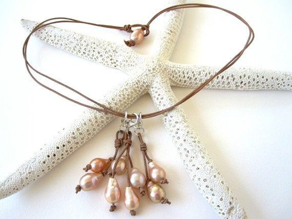 Perlen Tropfen Halskette, Edison Perle Und Leder Strand-Schicke Schmuck Boho, Hippie-Chic Schmuck, Boho von keyLimeGiraffedesign