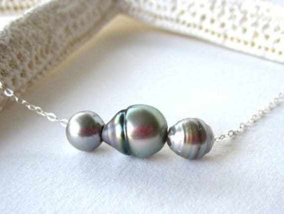 Tahiti Perle Halskette, Sterling Silber Perlen Schmuck, Südsee Schwarze Perlenschmuck von keyLimeGiraffedesign