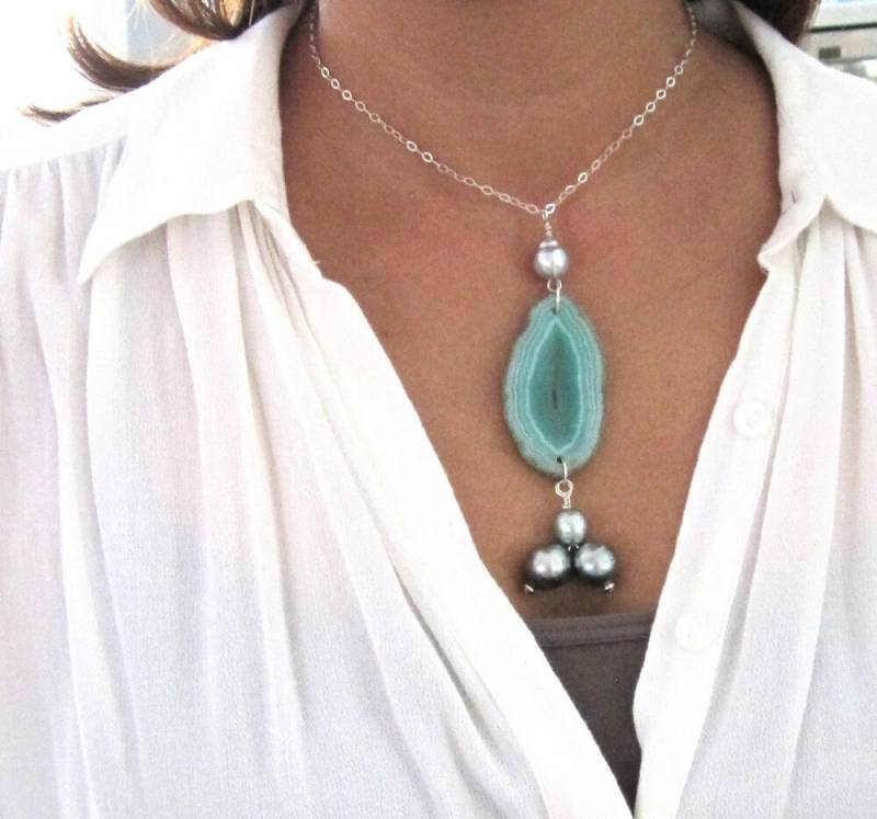 Tahiti Perlen Halskette, Achat Scheibe Geode Halskette Silber, Silber Schmuck, Boho Schmuck von keyLimeGiraffedesign