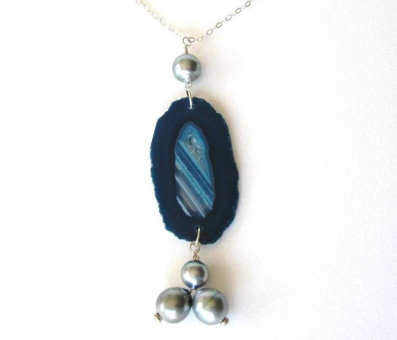 Tahiti Perlen Halskette, Edelstein Kristall Geode Blaue Achat Schmuck, Und Halskette von keyLimeGiraffedesign