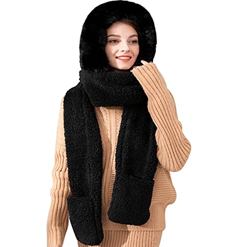 keyaway Winterschal Mütze Damen 3 in 1 Warm Schal mit Kapuze Taschen Earflap Handschuhe warme Mütze für Frauen, Schwarz Einheitsgröße von keyaway