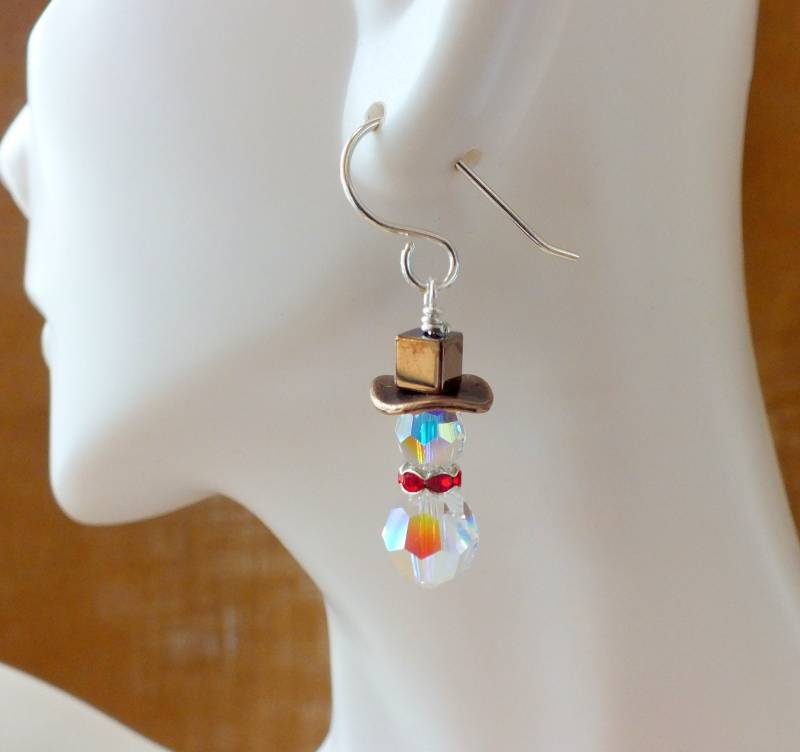 Cowboy Schneemann Ohrringe, Swarovski Kristall Aurora Borealis, Sterling Silber Urlaub Ohrringe von keywestdesigning