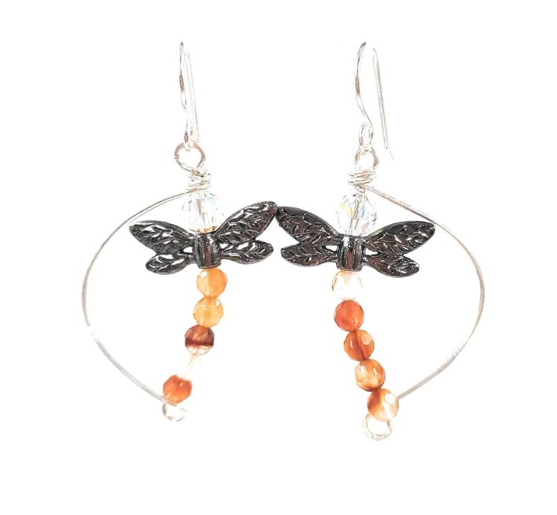 Libellen-Ohrringe Aus Sterlingsilber. Libellen. Karneol-Edelstein - Und Swarovski-Kristall-Ohrringe von keywestdesigning