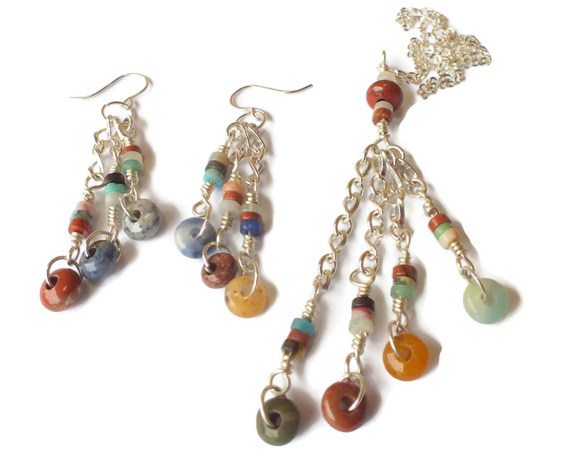 Set Aus Wasserfall-Halskette Und Ohrringen Mit Mehreren Edelsteinen. Kette Sterlingsilber - Geschenk Für Sie von keywestdesigning