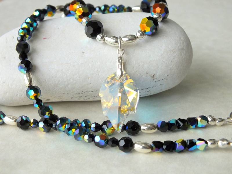 Swarovski Jet Crystal Halskette Und Ohrringe Sterling Silber Blatt Schmuck Set von keywestdesigning