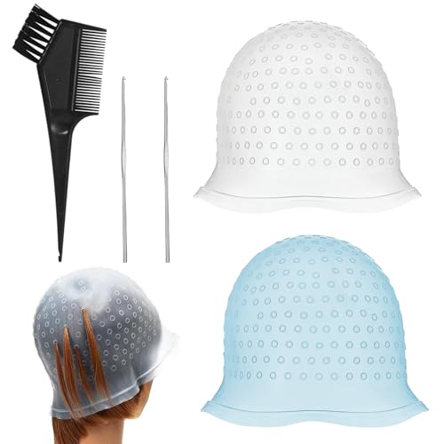 keyxer 2 Stück Silikon Highlight Kappe, Strähnenhaube mit 2 Stahlnadel und 1 Haarfärbekamm, Strähnchenhaube Haare Färben Hervorhebung, Die Haarstyling Werkzeuge für Frauen und Mädchen Bläst von keyxer