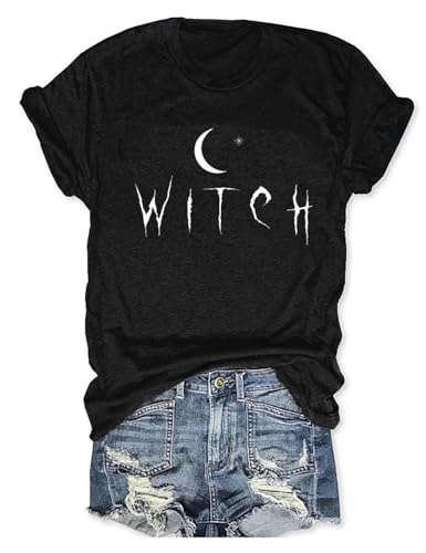 Damen Halloween-T-Shirt, lustig, kurzärmelig, Hexe bitte, Grafik-T-Shirts Tops, Schwarz-5, X-Groß von kfulemai
