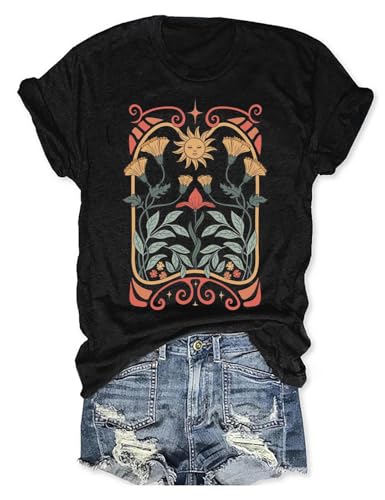 Damen-T-Shirt mit Boho-Blumenmuster, Vintage-Blumendruck, bunt, Wildblumen-Grafik-T-Shirt, lässig, botanisch, kurzärmelig, Schwarz-17, Klein Damen-T-Shirt mit Boho-Blumenmuster, Vintage-Blumendruck, bunt, Wildblumen-Grafik-T-Shirt, lässig, botanisch, kurzärmelig, Schwarz-17, Klein von kfulemai