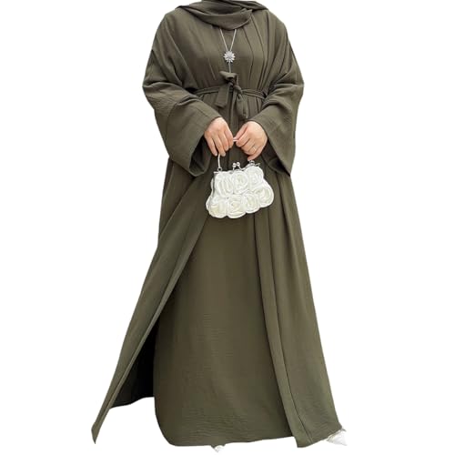 Abaya Damen Muslimische Kleider Islamisches Dubai Gebetskleid Robe Lang Cardigan Maxikleid 2 Stück, Grün (Army Green), Large von khalat