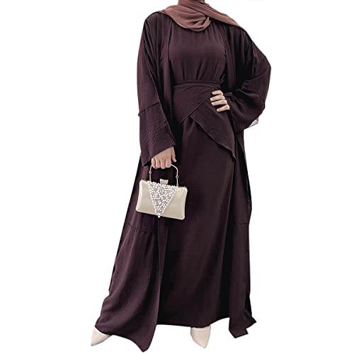 Damen Muslim Abaya Kleid Dreiteiliges Set Islamisches Gebet Robe Open Front Flowy Maxi Cardigan Kleid, Dunkelbraun, Medium von khalat