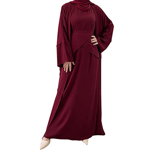 Damen Muslim Abaya Kleid Dreiteiliges Set Islamisches Gebet Robe Open Front Flowy Maxi Cardigan Kleid, Weinrot, Large von khalat