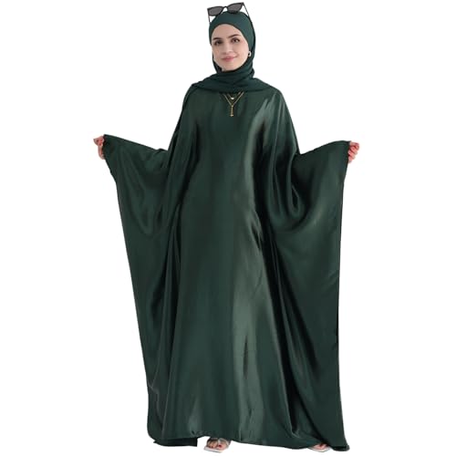 khalat Abaya Muslim Kleid Frauen Satin Gebet Kleid Fledermaus Langarm Naher Osten Arabische Robe mit Hijab Dunkelgrün von khalat