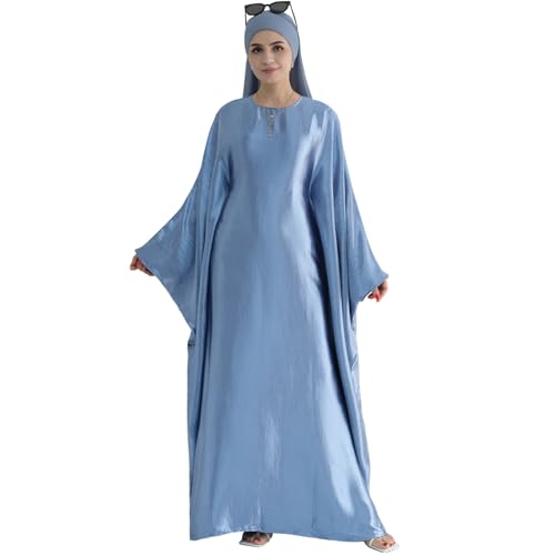 khalat Abaya Muslim Kleid Frauen Satin Gebet Kleid Fledermaus Langarm Naher Osten Arabische Robe mit Hijab Hellblau von khalat