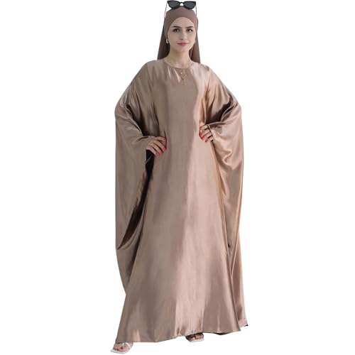 Abaya Muslim Kleid Frauen Satin Gebet Kleid Fledermaus Langarm Naher Osten Arabische Robe mit Hijab Kaffee von khalat