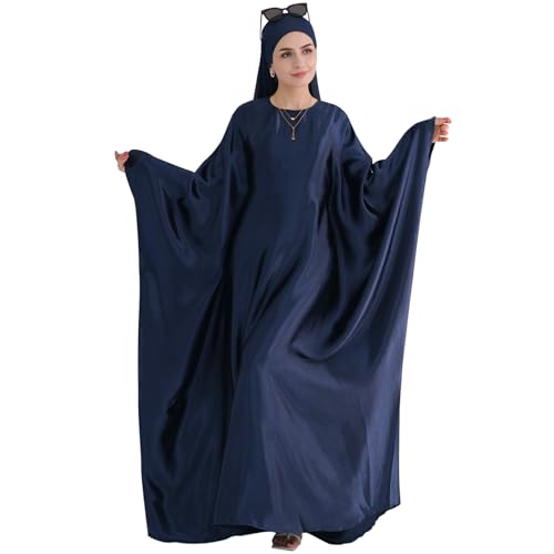 khalat Abaya Muslim Kleid Frauen Satin Gebet Kleid Fledermaus Langarm Naher Osten Arabische Robe mit Hijab Marineblau von khalat