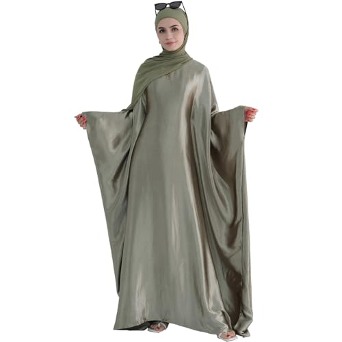 khalat Abaya Muslim Kleid Frauen Satin Gebet Kleid Fledermaus Langarm Naher Osten Arabische Robe mit Hijab Olivgrün von khalat
