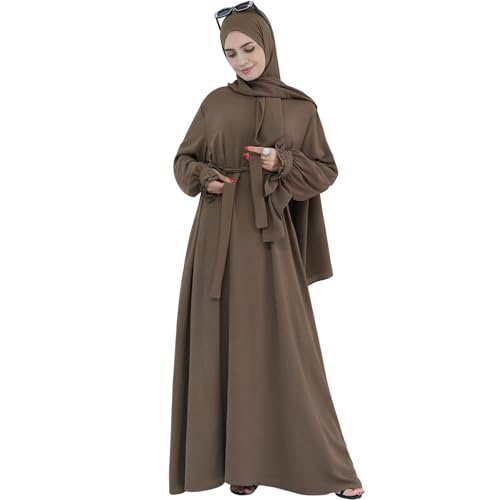 khalat Frauen Muslimische Gebet Abaya Islamisches bescheidenes Kleid mit Hijab-Schal Spitzenärmel Fließendes Abaya-Kleid Braun von khalat