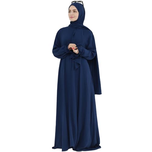 khalat Frauen Muslimische Gebet Abaya Islamisches bescheidenes Kleid mit Hijab-Schal Spitzenärmel Fließendes Abaya-Kleid Marineblau von khalat