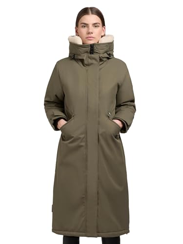 khujo Damen Wintermantel Warmer Parka mit weichem Teddyfleece an der Kapuze, Taillenzugband und magnetischer Abdeckleiste Agneta-YM Light Moss Green Gr. M von khujo