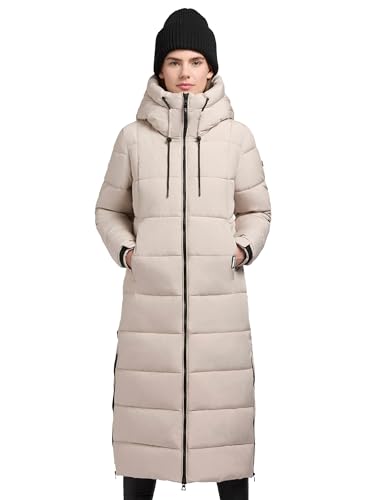 khujo Damen Wintermantel Warmer Steppmantel extralang mit Gehschlitzen und Verstellbarer Kapuze Deria3-YM Soft Beige Gr. XL von khujo