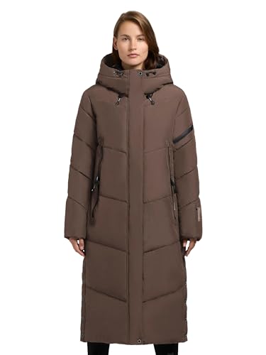 khujo Damen Wintermantel Warmer Steppmantel extra lang mit zahlreichen Taschen und großer Kapuze Sonje6-YM Stone Taupe Gr. S von khujo