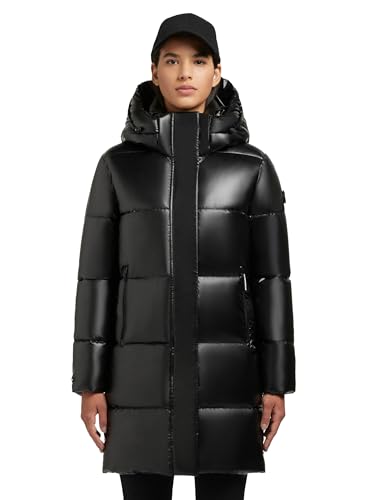 khujo Damen Wintermantel in glänzender Optik Warmer wasserdichter Steppmantel lang mit Abnehmbarer Kapuze Haya Shiny-YM Black Gr. M von khujo