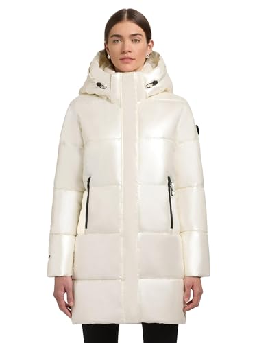 khujo Damen Wintermantel in glänzender Optik Warmer wasserdichter Steppmantel lang mit Abnehmbarer Kapuze Haya Shiny-YM Off White Gr. M von khujo