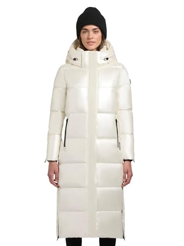 khujo Damen glänzender Warmer Winter Steppmantel lang mit Abnehmbarer Kapuze Hedd Shiny-YM Offwhite Gr. M von khujo