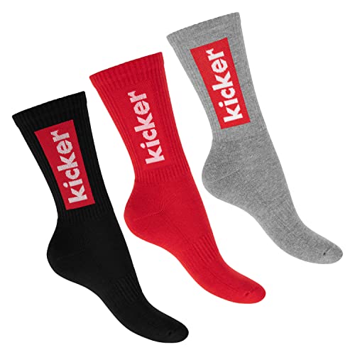 kicker Damen & Herren Crew Socks (3 Paar) Schwarz Rot Grau 39-42 von kicker