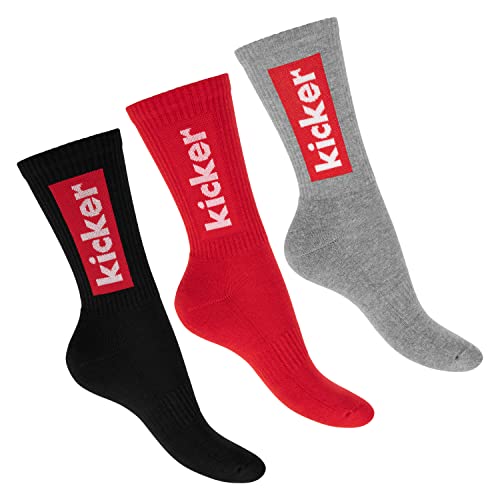 kicker Damen & Herren Crew Socks (3 Paar) Schwarz Rot Grau 43-46 von kicker