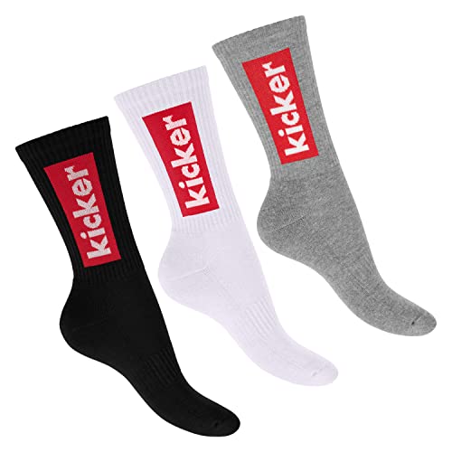 kicker Damen & Herren Crew Socks (3 Paar) Schwarz Weiß Grau 39-42 von kicker