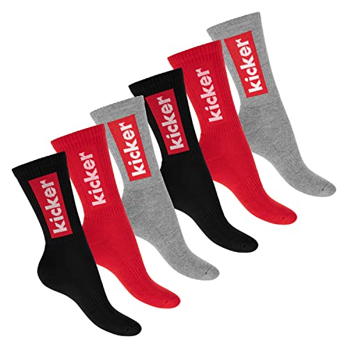 kicker Damen & Herren Crew Socks (6 Paar) Schwarz Rot Grau 35-38 von kicker