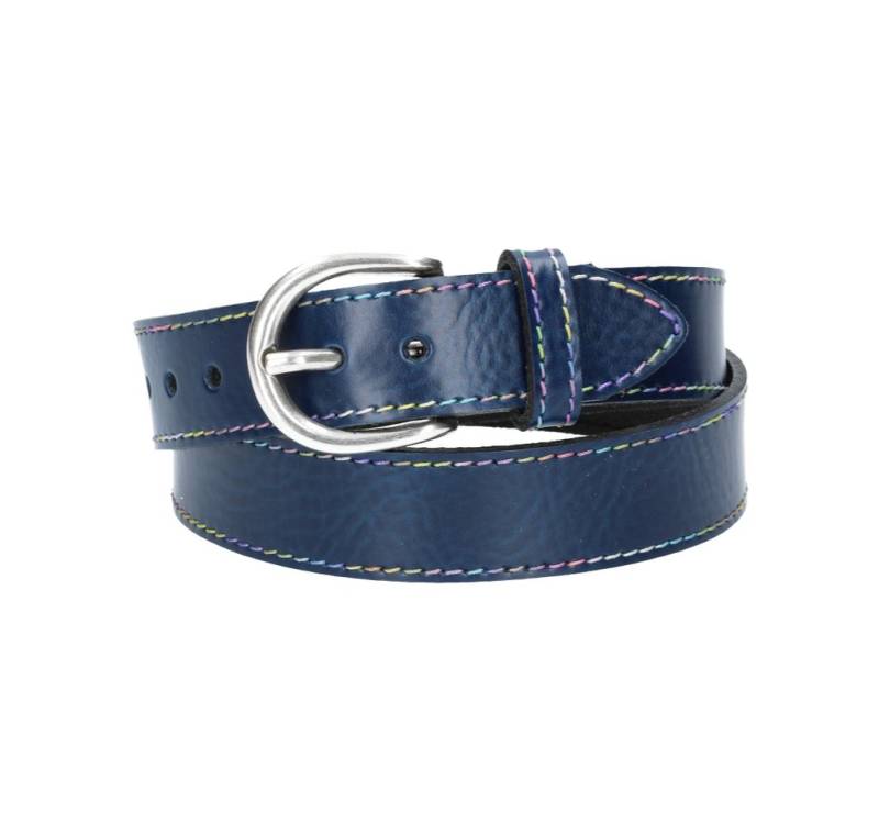 kiddybelts Ledergürtel Kids 25mm in Blau, Marine mit Multicolornaht und Dornschließe in Silber (KB15-490, 1-St) sehr weiches Vollrindleder von kiddybelts