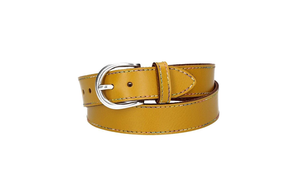 kiddybelts Ledergürtel Kids 25mm in Gelb mit Multicolornaht und Dornschließe in Silber (KB15-290) sehr weiches Vollrindleder von kiddybelts