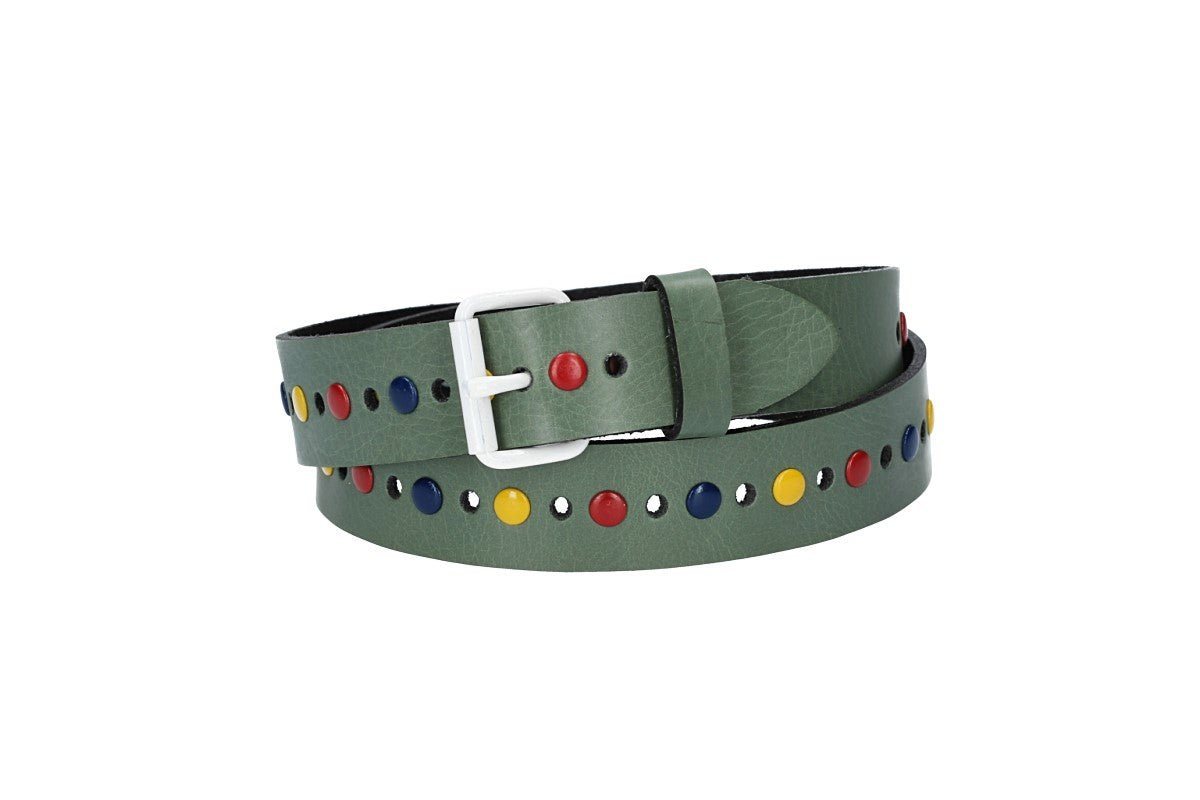 kiddybelts Ledergürtel Kids 25mm in Grün mit bunten Nieten und weißer Rollschließe (KB12-560) sehr weiches Vollrindleder von kiddybelts