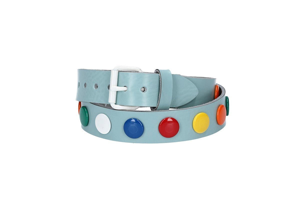 kiddybelts Ledergürtel Kids 25mm in Hellblau mit bunten Nieten und Rollschließe Weiß (KB13-410) sehr weiches Vollrindleder von kiddybelts