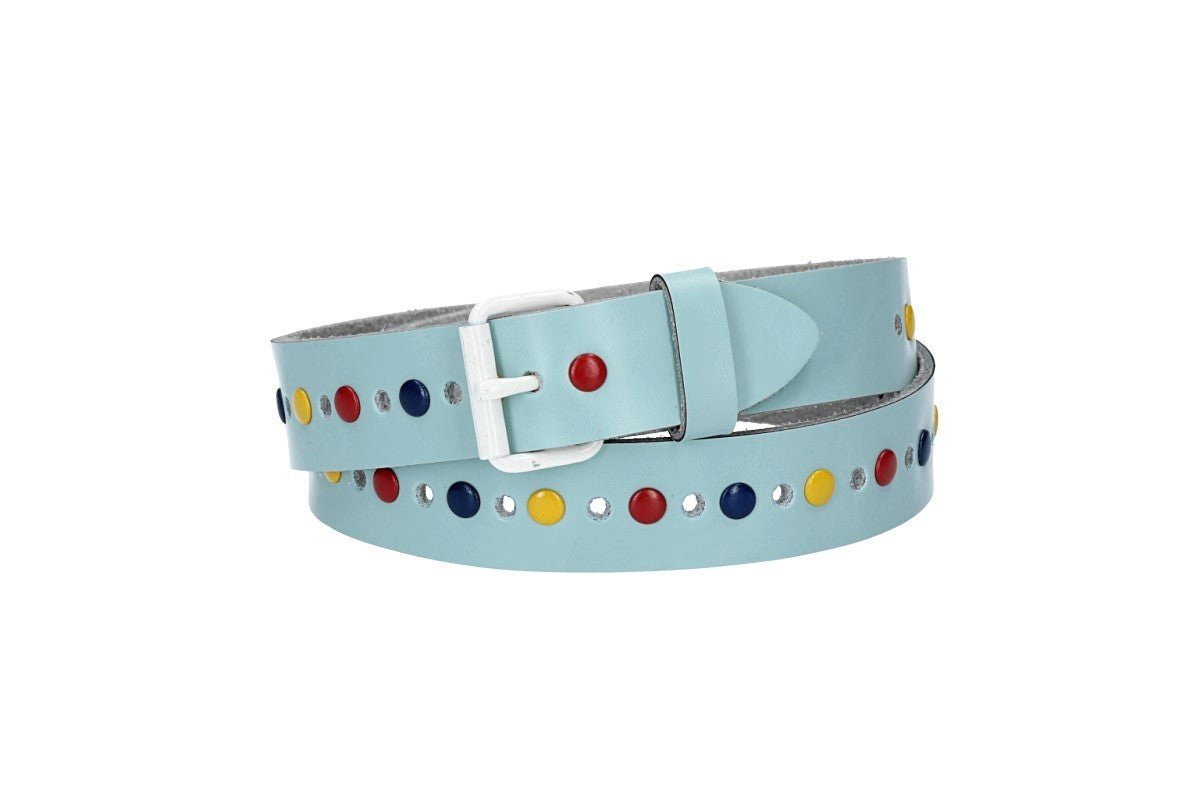 kiddybelts Ledergürtel Kids 25mm in Hellblau mit bunten Nieten und weißer Rollschließe (KB12-420) sehr weiches Vollrindleder von kiddybelts