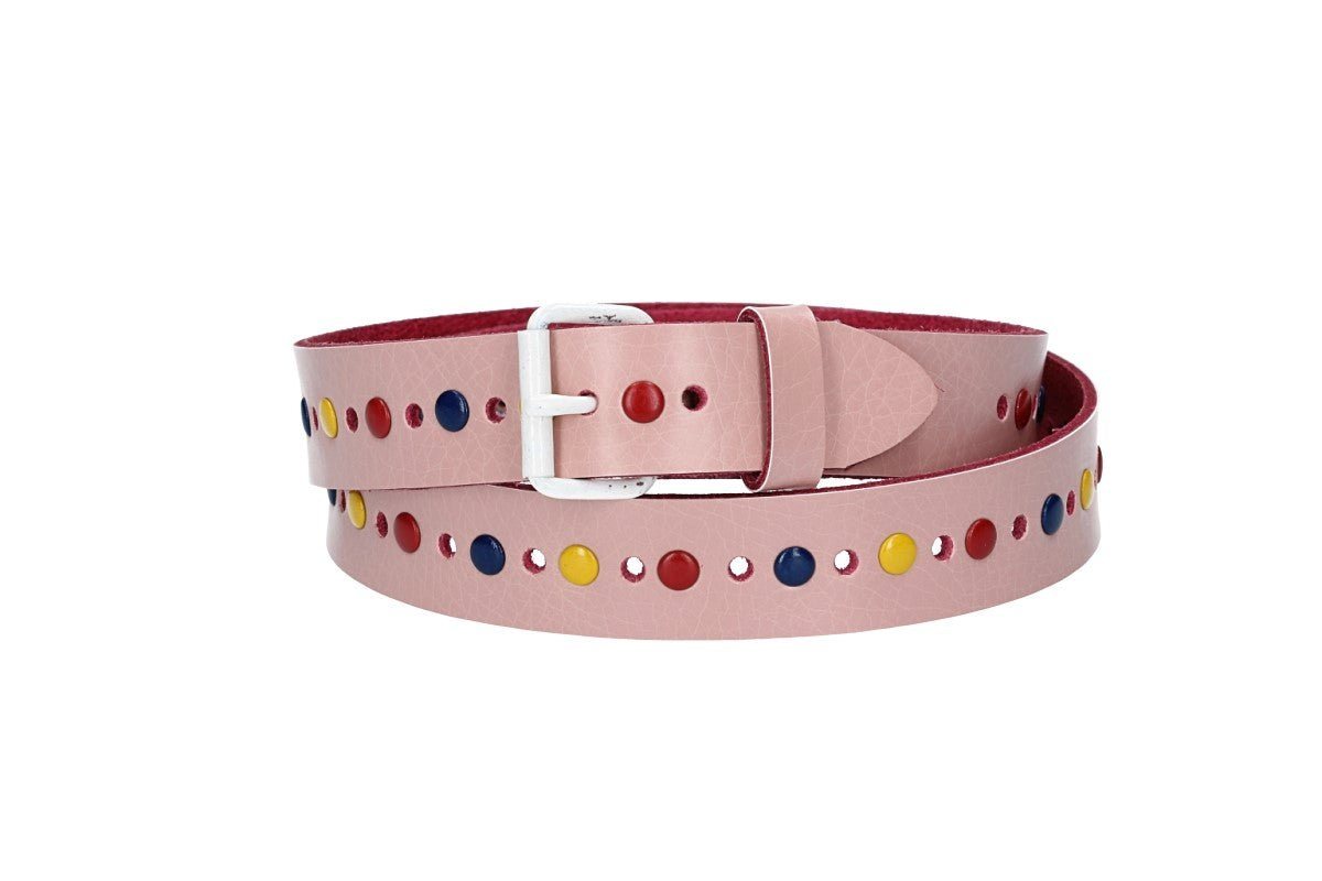 kiddybelts Ledergürtel Kids 25mm in Hellrosé Lochung, bunten Nieten und weißer Rollschließe (KB12-320) sehr weiches Vollrindleder von kiddybelts