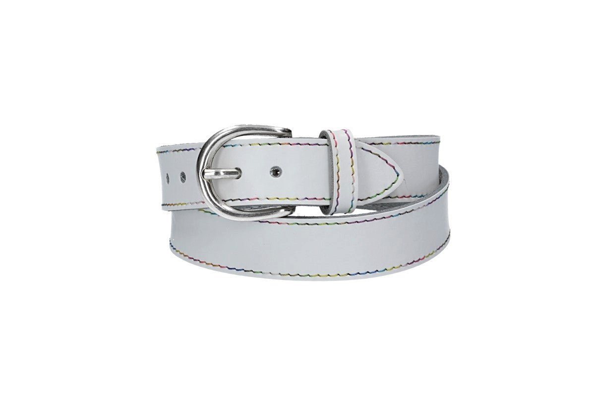 kiddybelts Ledergürtel Kids 25mm in Weiss mit Multicolornaht und Dornschließe in Silber (KB15-100) sehr weiches Vollrindleder von kiddybelts