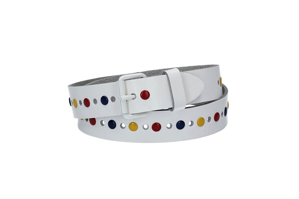 kiddybelts Ledergürtel Kids 25mm in Weiß mit bunten Nieten & weißer Rollschließe (KB12-100) sehr weiches Vollrindleder von kiddybelts