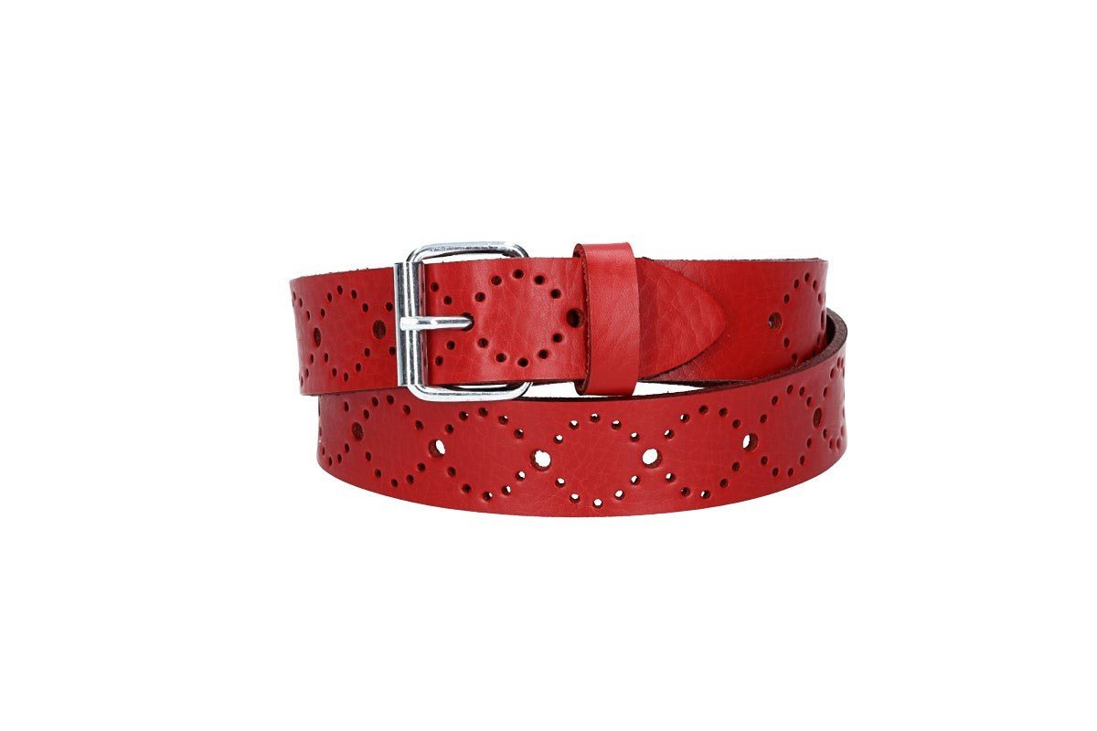 kiddybelts Ledergürtel Ledergürtel Kids 25mm in Rot mit Lochmuster und Schließe Silber (KB17-390) sehr weiches Vollrindleder von kiddybelts