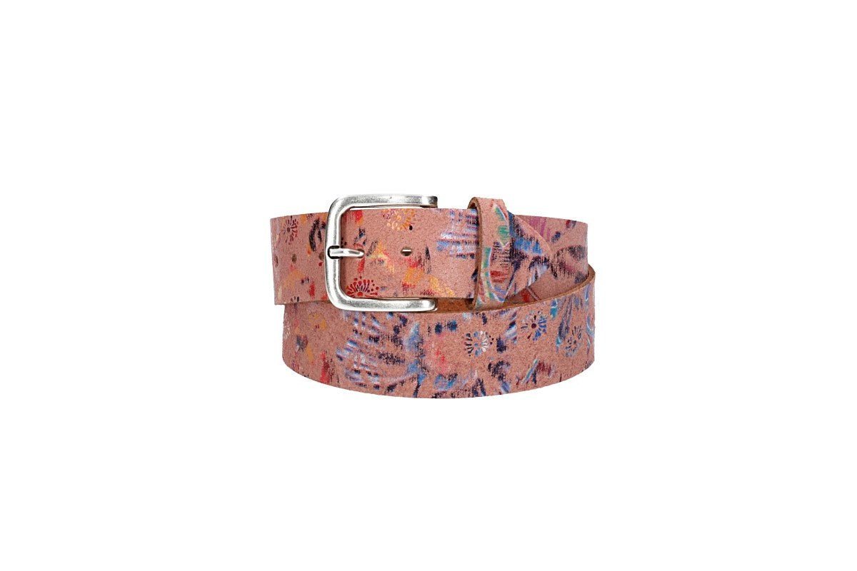 kiddybelts Ledergürtel Kids 30mm in Rosa mit floralem Muster und Schließe Silber (KB19-320) sehr weiches Vollrindleder von kiddybelts