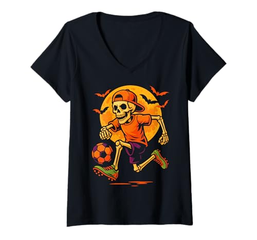 Damen Riesiges Halloween-Skelett-Fußballspieler, großes Halloween-Design T-Shirt mit V-Ausschnitt Damen Riesiges Halloween-Skelett-Fußballspieler, großes Halloween-Design T-Shirt mit V-Ausschnitt von kids halloween skeleton costume Skeleton Soccer