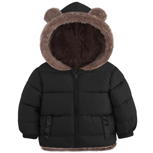 kids4ever Baby Jacke Junge Warm Wintermantel Niedlich Plüsch Bärenohren Winterjacke Reißverschluss Kapuzenjacke Schwarz für Kleinkinder 6-12 Monate von kids4ever