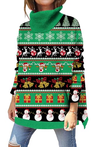 kids4ever Damen Christmas Sweater Weihnachtspullover Weihnachten Strickpullover Rollkragen Pullover Rentier Elch Druck Lässige Langarm Geteiltem Saum Weihnachtspulli Grün S von kids4ever