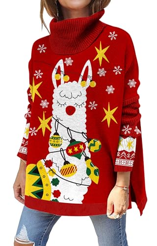 kids4ever Damen Weihnachtspullover Hässlich Alpaka Bedruckter Rollkragenpullover Langarm Seitlicher Schlitz Weihnachten Strickpullover Weihnachtspulli Winterpullover Rot S von kids4ever